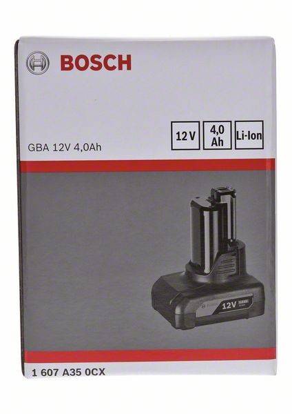 Karton einer Bosch GBA 12V 4.0Ah Li-Ionen-Akku, mit einem Bild des Akkus und Spezifikationen: '12V', '4.0Ah', 'Li-Ionen'.