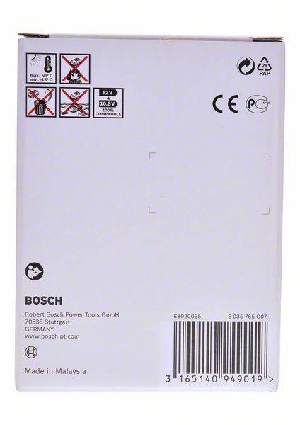 Bosch-Batterieverpackung mit Sicherheitssymbolen, CE- und Recycling-Symbolen, Firmenadresse und Barcode. Kompatibel mit 10,8V- und 12V-Werkzeugen.