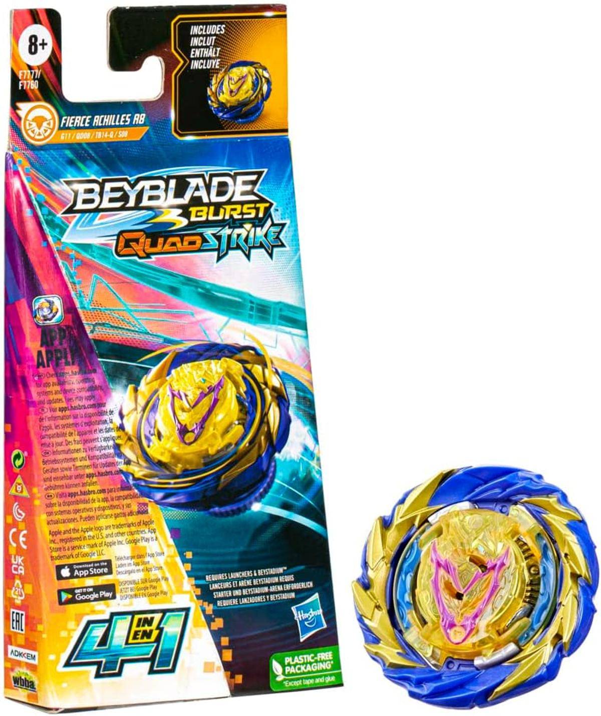 Beyblade Burst QuadDrive: Fierce Achilles A8 Auspacken' Bild zeigt die Spielzeugverpackung mit einem gelben und blauen Kreisel.