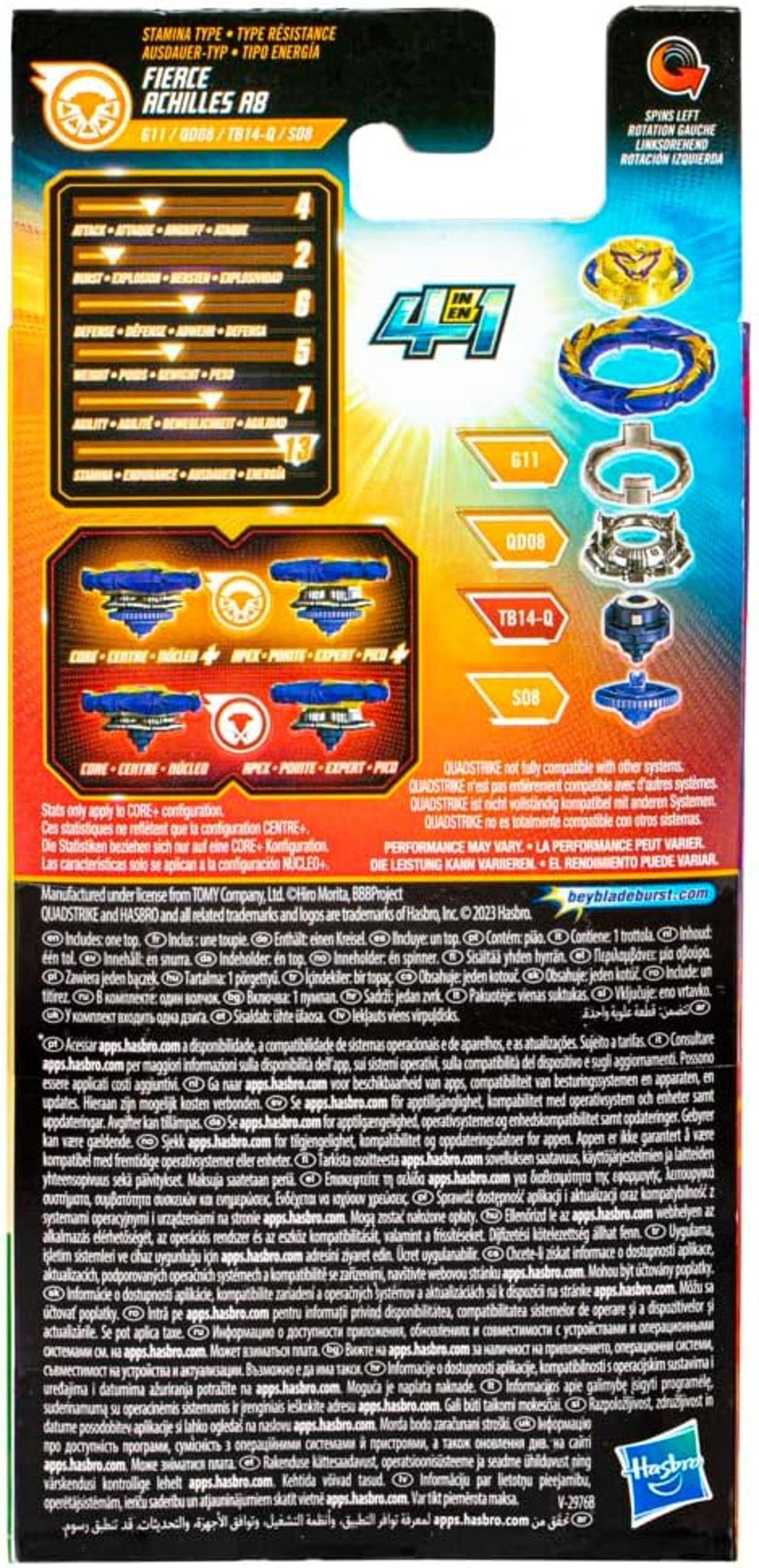 # Beyblade Burst Spielzeugverpackung mit Merkmalen, Kompatibilität mit anderen Systemen und Kontaktinformationen, dargestellt in mehreren Sprachen.