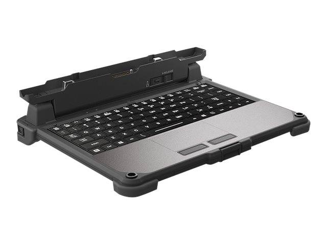 Eine abnehmbare Tastatur mit einer Schutzumhüllung, die ein schwarzes Tastaturlayout auf einer grauen Oberfläche aufweist und für ein Tablet-Gerät entwickelt wurde.