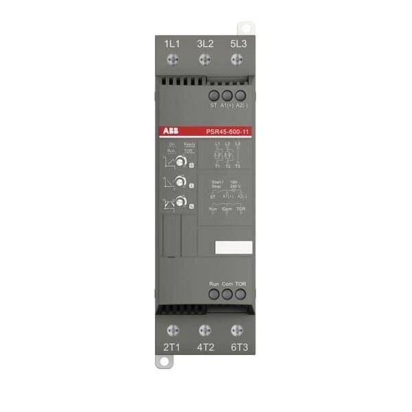 ABB PSR46-600-11' Sanftstarter-Gerät mit Anschluss-Klemmen (1L1, 3L2, 5L3, 2T1, 4T2, 6T3) und Steuerungsschnittstellen-Anweisungen.