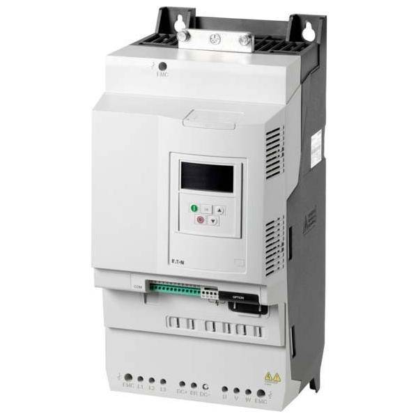 Ein variabler Frequenzumrichter in einem hellgrauen Gehäuse mit einer digitalen Anzeige, Tasten und mehreren Anschlüssen für elektrische Verbindungen.