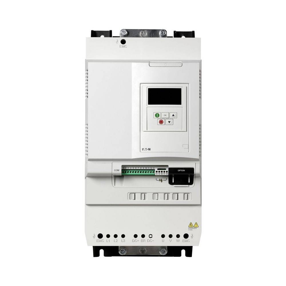 Elektronische Vorrichtung mit Tasten und einem Anzeigebildschirm, ausgestattet mit verschiedenen Anschlussports und Indikatoren, die für industrielle Steuerungsanwendungen verwendet wird.