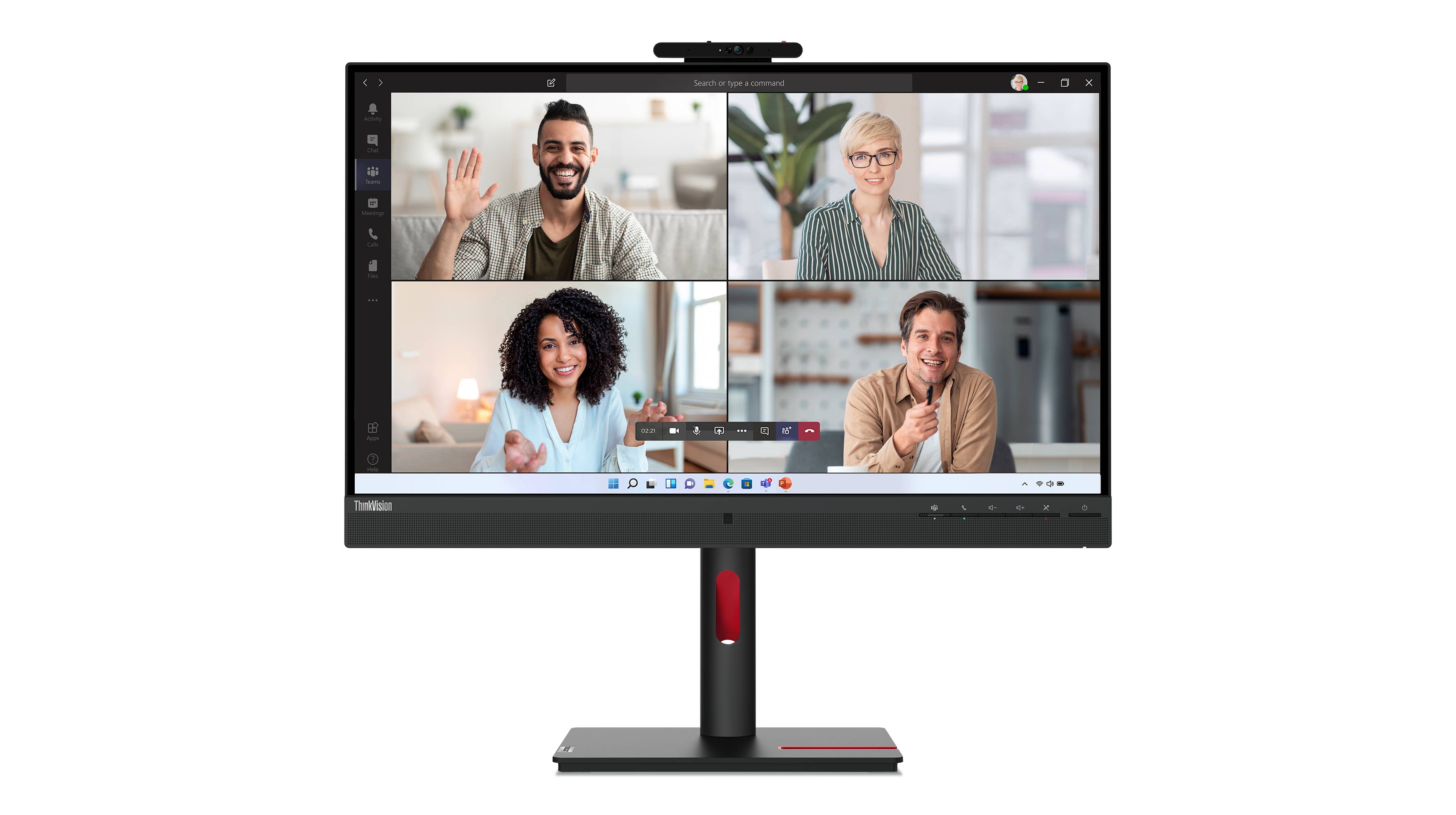 Ein Computerbildschirm zeigt einen Videoanruf mit vier lächelnden Personen. Jede Person nimmt ein Viertel des Bildschirms ein.