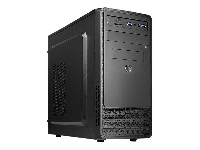 Schwarzes Desktop-Tower-Computergehäuse in Dreiviertelperspektive auf weißem Hintergrund, mit Frontplattenschnittstellen, Laufwerkschächten, Stromschalter und Belüftungsgitter.
