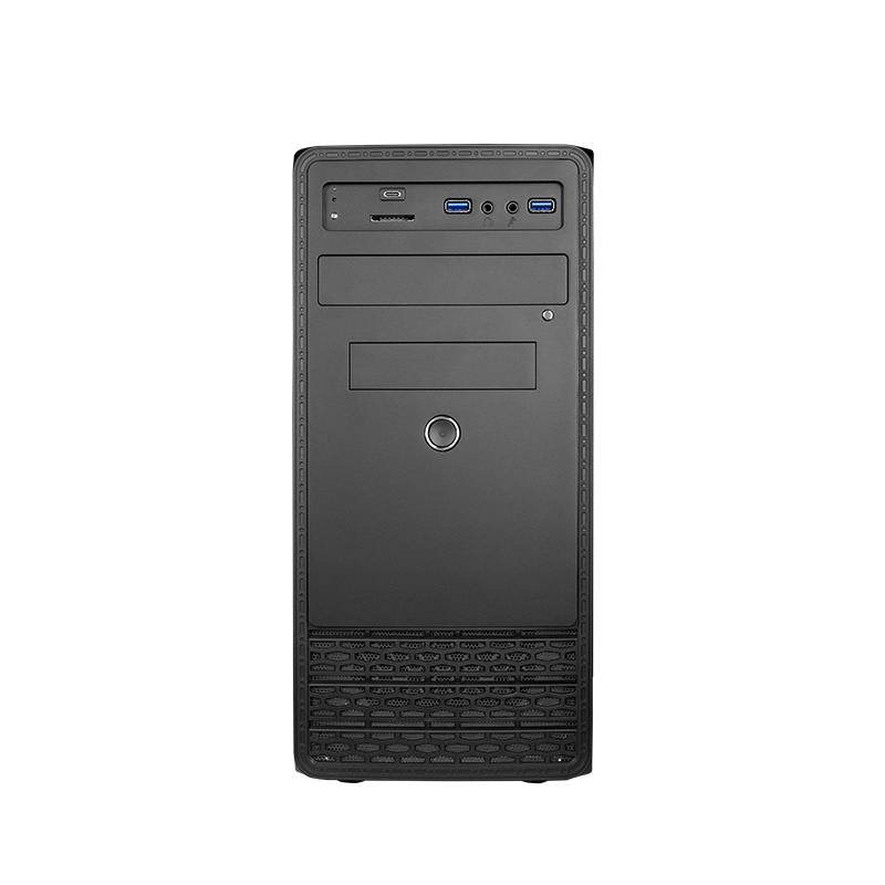 Vorderansicht eines schwarzen Desktop-Computer-Gehäuses mit vorderen USB- und Audiobuchsen, Laufwerkschächten und einem runden Netzschalter.