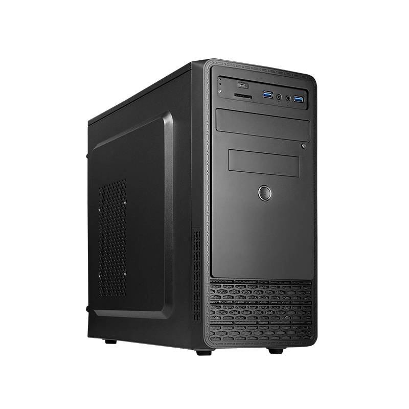 Schwarzes Desktop-Computergehäuse von vorne-links auf schwarzem Hintergrund gezeigt, mit sichtbaren vorderen Anschlüssen, Laufwerkschächten und Ein-/Ausschalter.