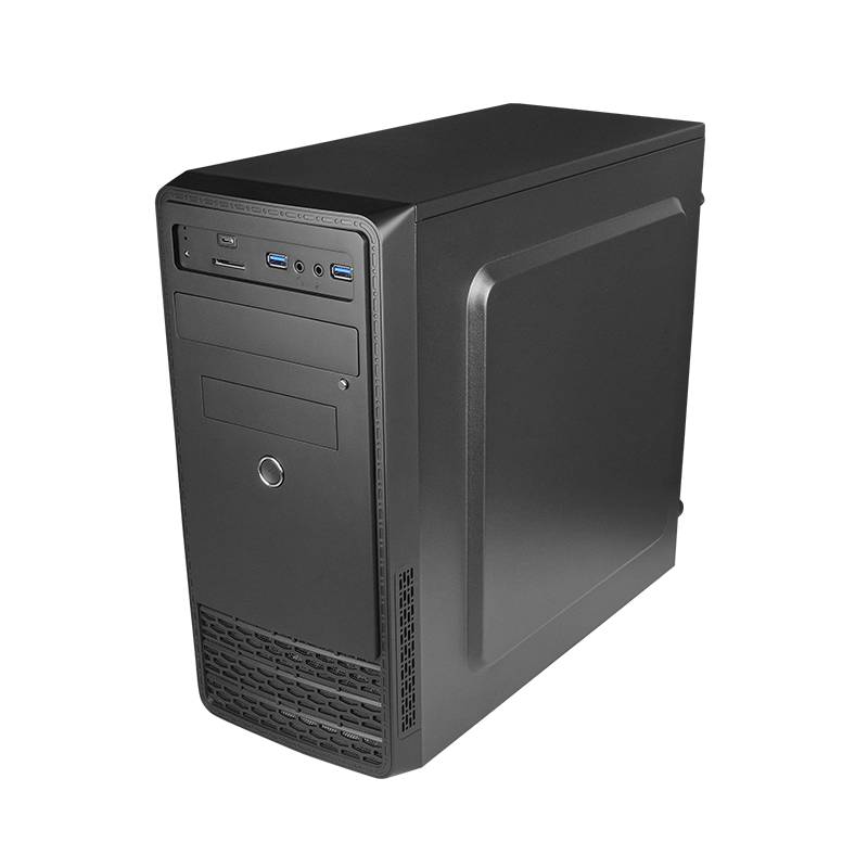 Schwarzes Desktop-Tower-Computergehäuse mit USB-Anschlüssen an der Vorderseite, Kopfhörerbuchsen, Laufwerkschächten für optische Laufwerke und Ein-/Ausschalter auf schwarzem Hintergrund