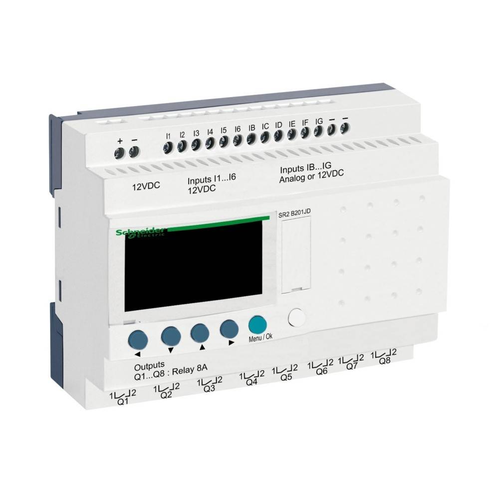 Programmierbarer Logikcontroller mit mehreren Eingangs- und Ausgangsanschlüssen, gekennzeichnet für 12V-Gleichspannungsverbindungen, dargestellt in einem weißen Gehäuse.