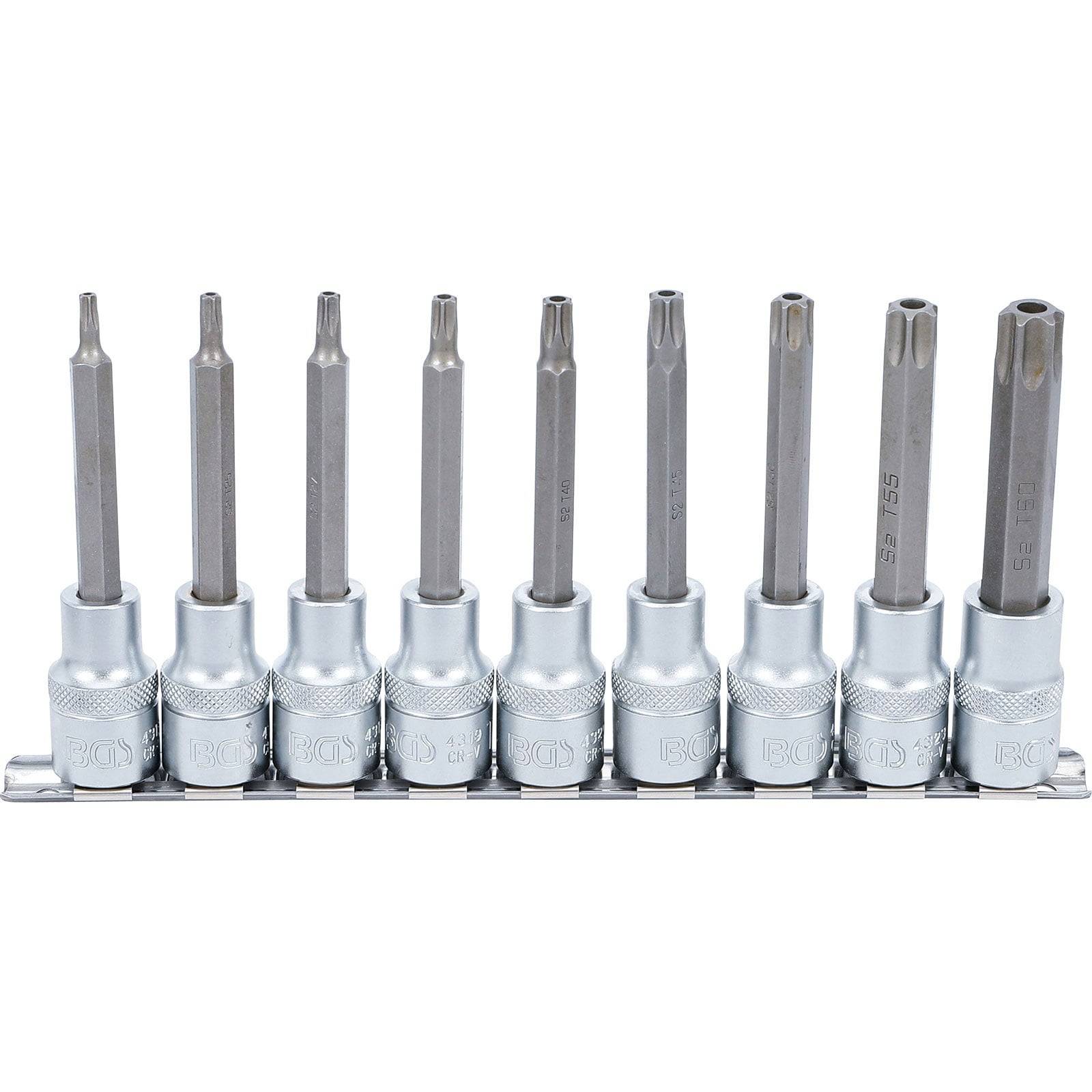 Ein Satz von neun Torx-Bit-Nüssen, die auf einer Metallschiene angeordnet sind, in unterschiedlichen Größen von links nach rechts, geeignet für verschiedene Schraubentypen.