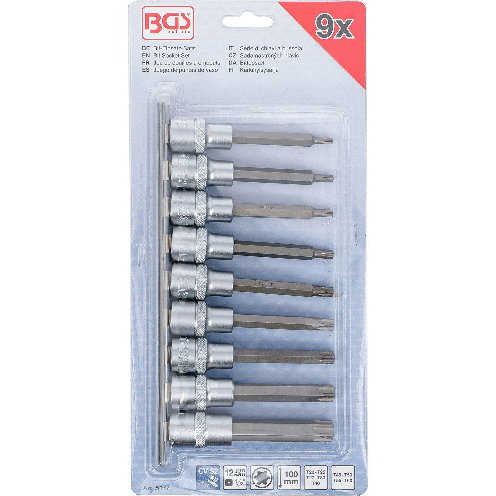 Satz von 9 BGS Innensechskant-Bits in Verpackung, mehrsprachig beschriftet. Eigenschaften beinhalten CR-V-Stahl, Verchromung, Größen von T20 bis T60.