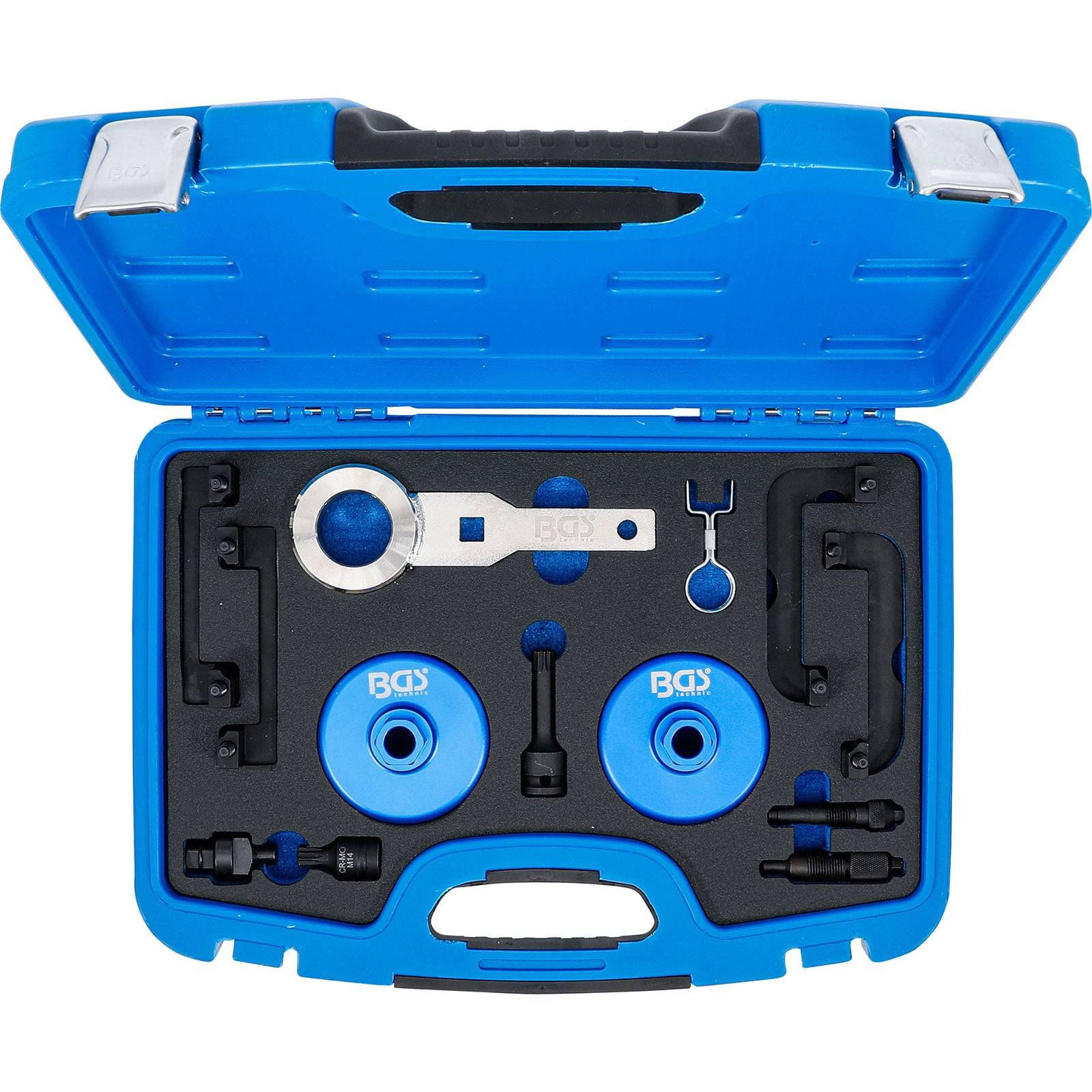 Ein blauer Werkzeugkoffer mit spezialisierten Automobilwerkzeugen zur Motorinstandsetzung, einschließlich Schraubenschlüssel und Befestigungen, in Schaumstoffeinlagen organisiert.