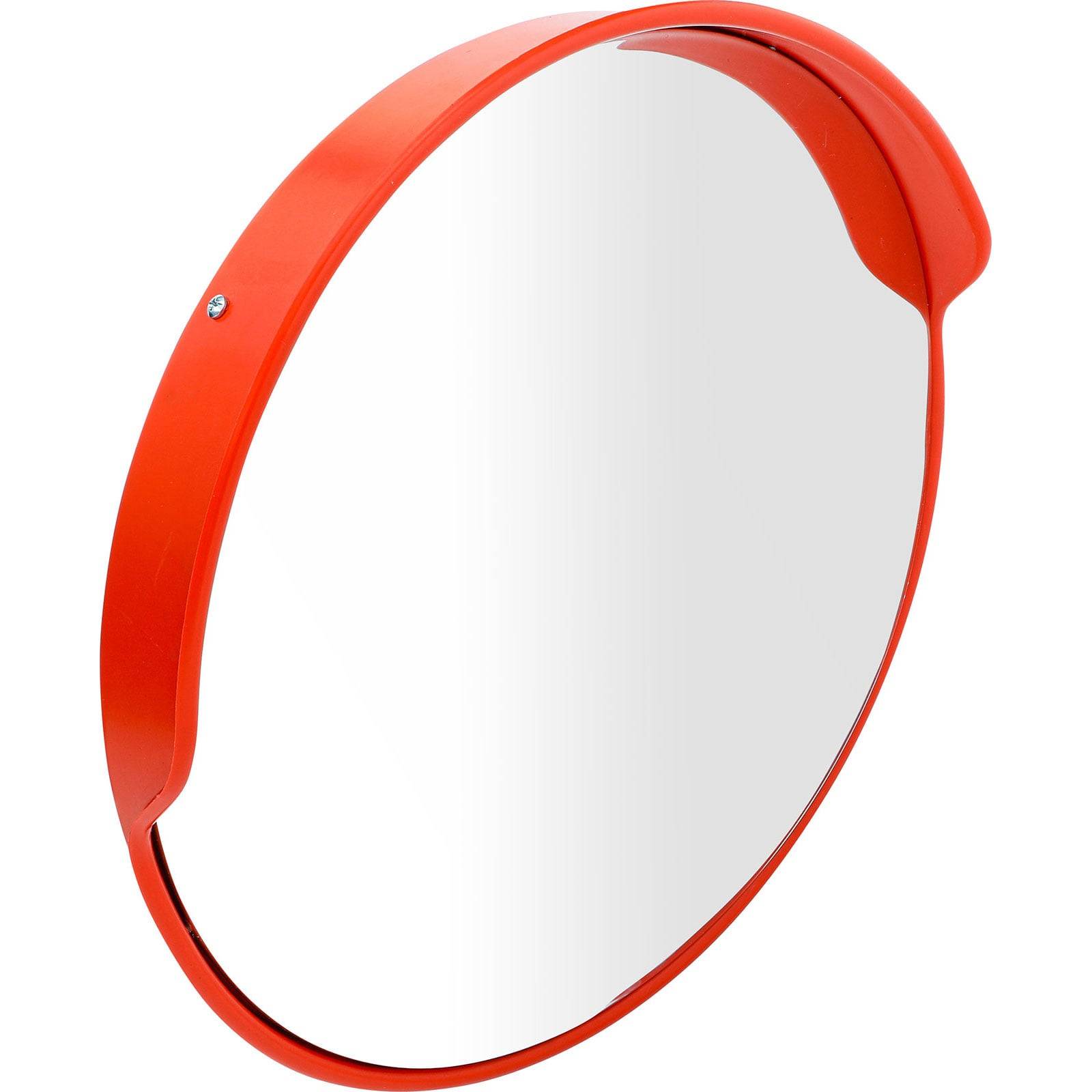 Ein rundes Sicherheitsspiegelglas mit rotem Rahmen, konzipiert für eine verbesserte Sichtbarkeit auf Parkplätzen oder Einfahrten.
