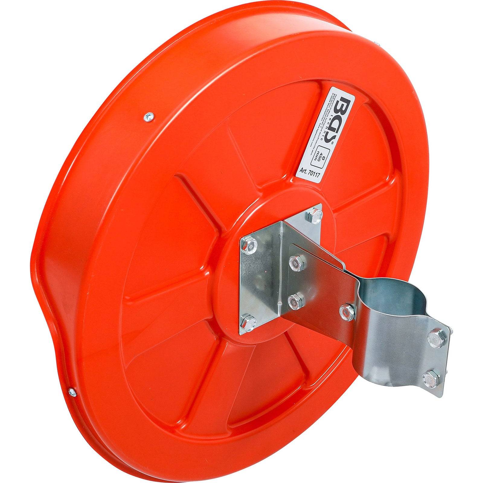 Orangefarbige Schlauchtrommel zur Wandmontage mit Metallhalterung, mit der Bezeichnung 