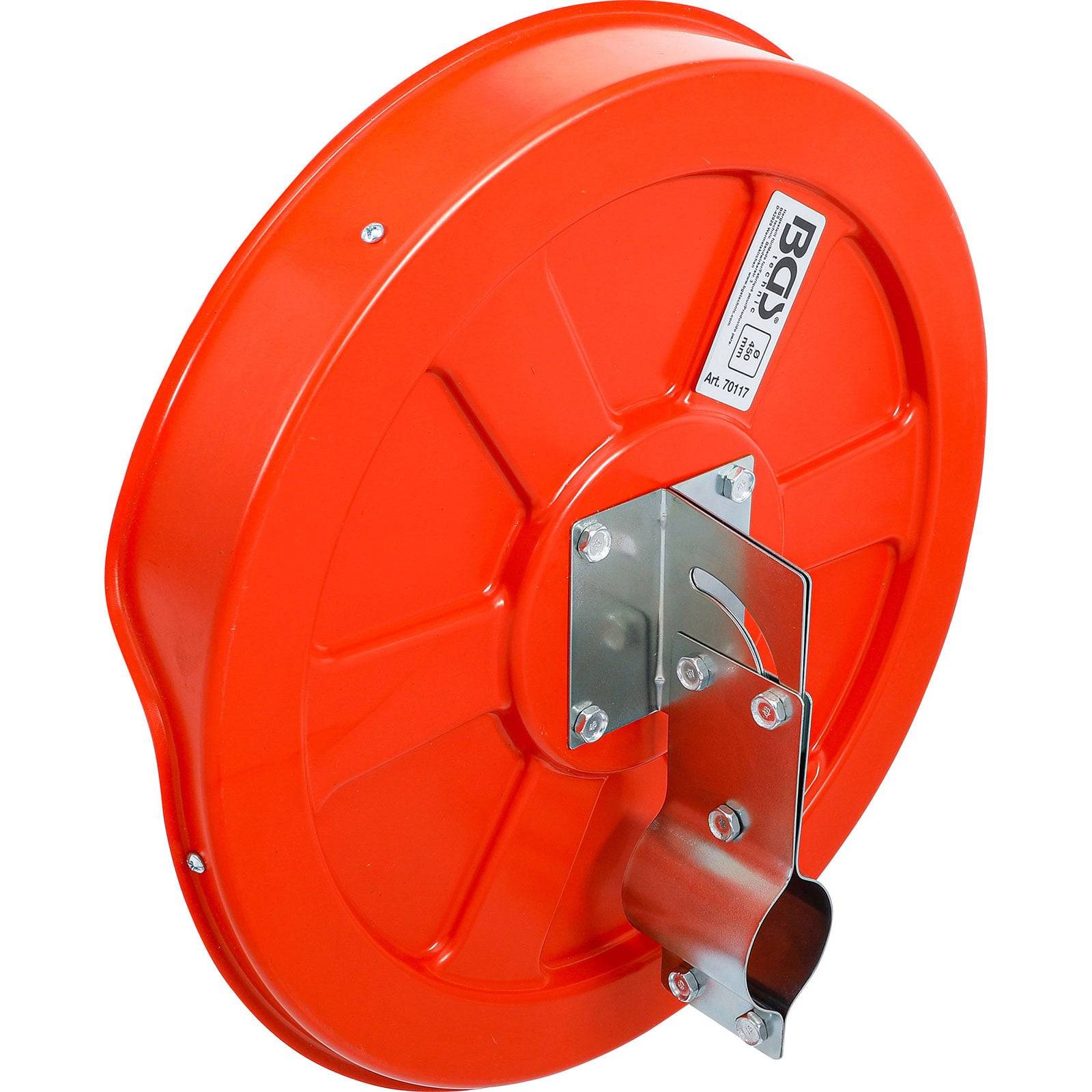 Eine orangefarbene Schlauchtrommel mit einer Metallhalterung an der Seite, konzipiert für die Wandmontage und zur Organisation von Schläuchen.