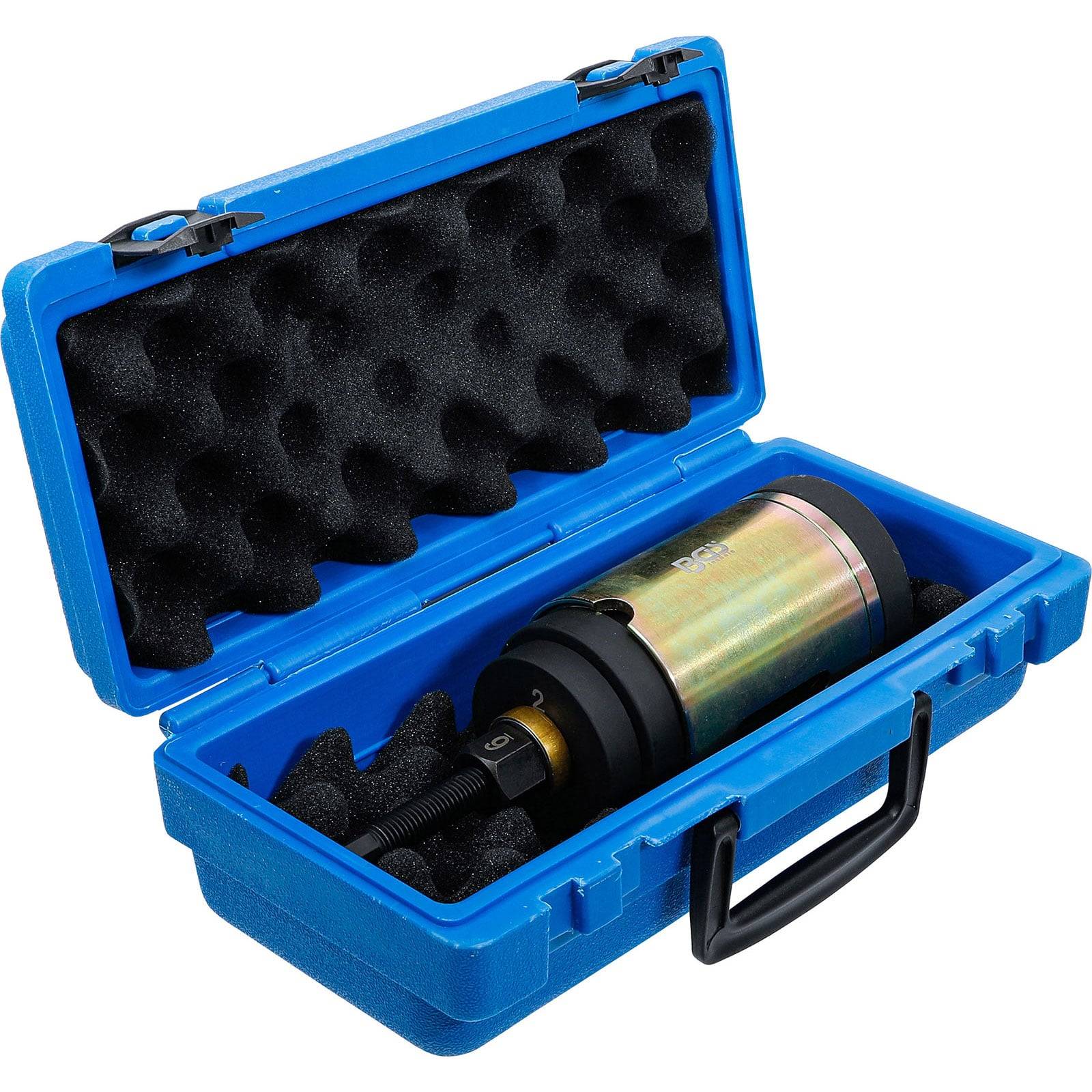 Eine blaue Plastikbox mit Schaumstoffeinlage enthält ein zylindrisches Metallinstrument, möglicherweise einen hydraulischen Heber oder Abzieher, mit metallischer Oberfläche.