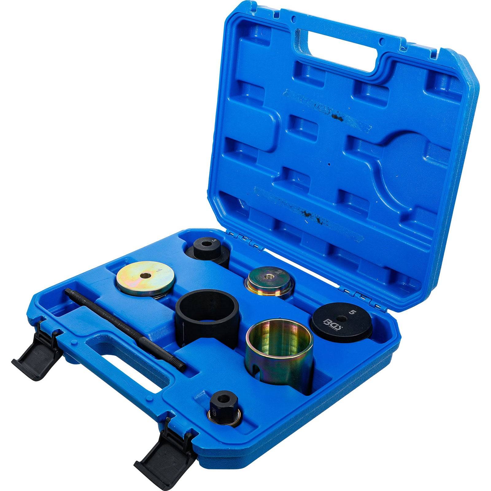 Ein blauer Kunststoff-Transportkoffer mit verschiedenen Autobau-Werkzeugen, die in maßgeschneiderten Fächern individuell platziert sind und für die Fahrzeugwartung konzipiert sind.