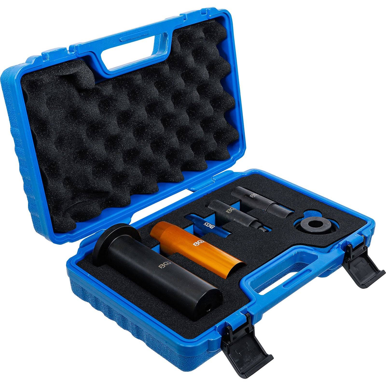 Blauer Hartschalenkoffer mit Schaumstoffeinlage, der orangefarbene und schwarze Werkzeuge zur Wartung oder Reparatur enthält.