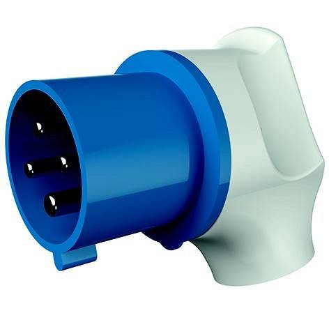 Blauer dreipoliger Stromstecker mit weißem geformtem Griff, in Nahaufnahme vor einfachem Hintergrund dargestellt.