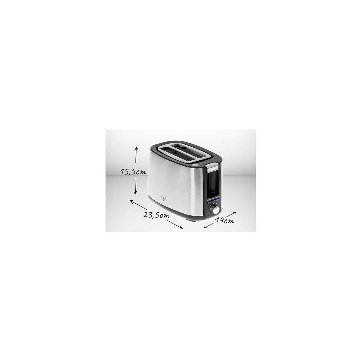 Adler AD 3214 Edelstahl-Toaster für 2 Scheiben mit Brötchenrost & 7 Stufen - Silber