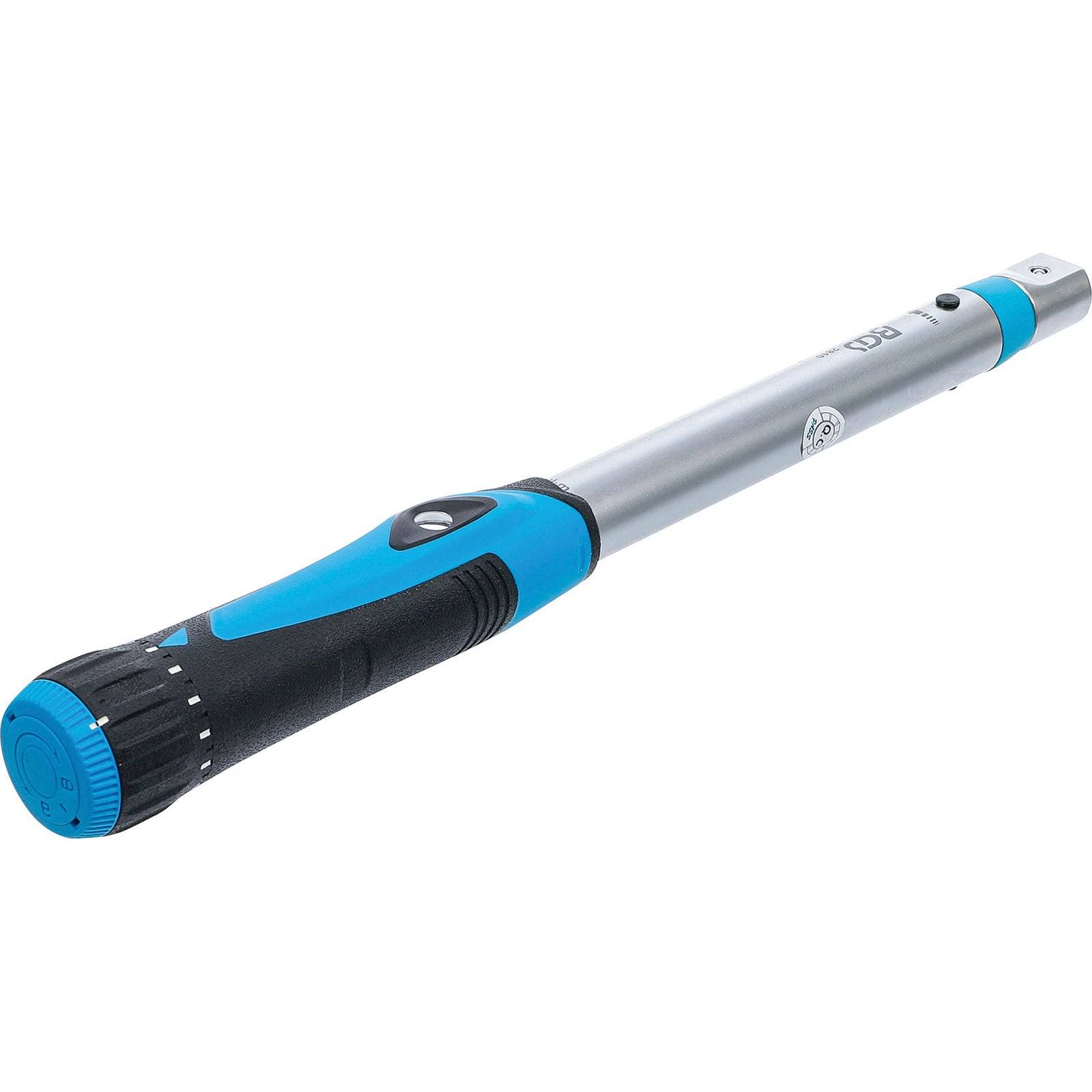 Ein Drehmomentschlüssel mit einem blau und schwarz gefärbten Griff, ausgestattet mit einer Skala zur Einstellung der Drehmomenteinstellungen. Wird zur präzisen Befestigung von Schrauben verwendet.