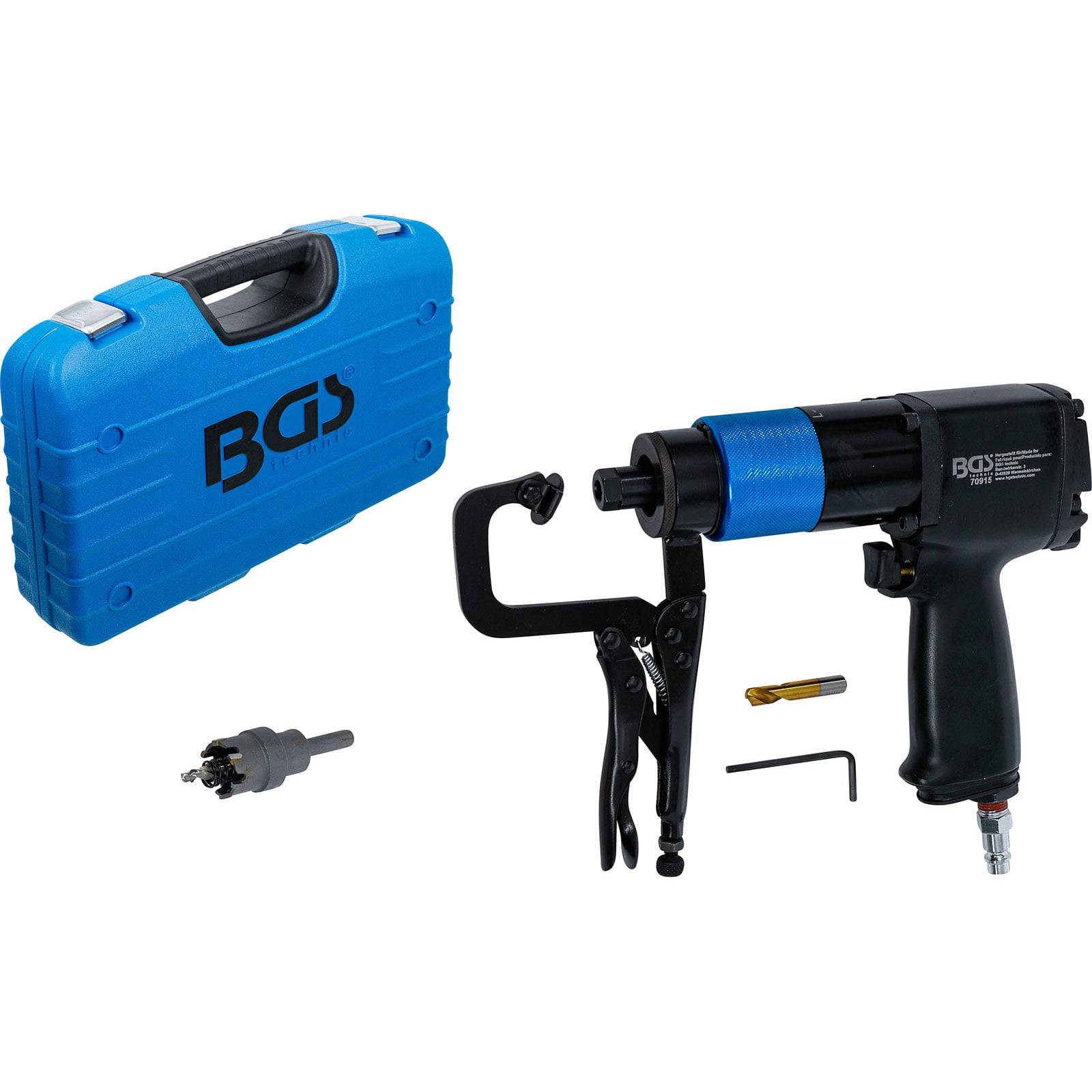 Ein blauer pneumatischer Schlagwerkzeugsatz, bestehend aus einem Werkzeug, Transportkoffer, Zubehör und einem Schraubenschlüssel. Der Koffer ist mit 'BGS' beschriftet.