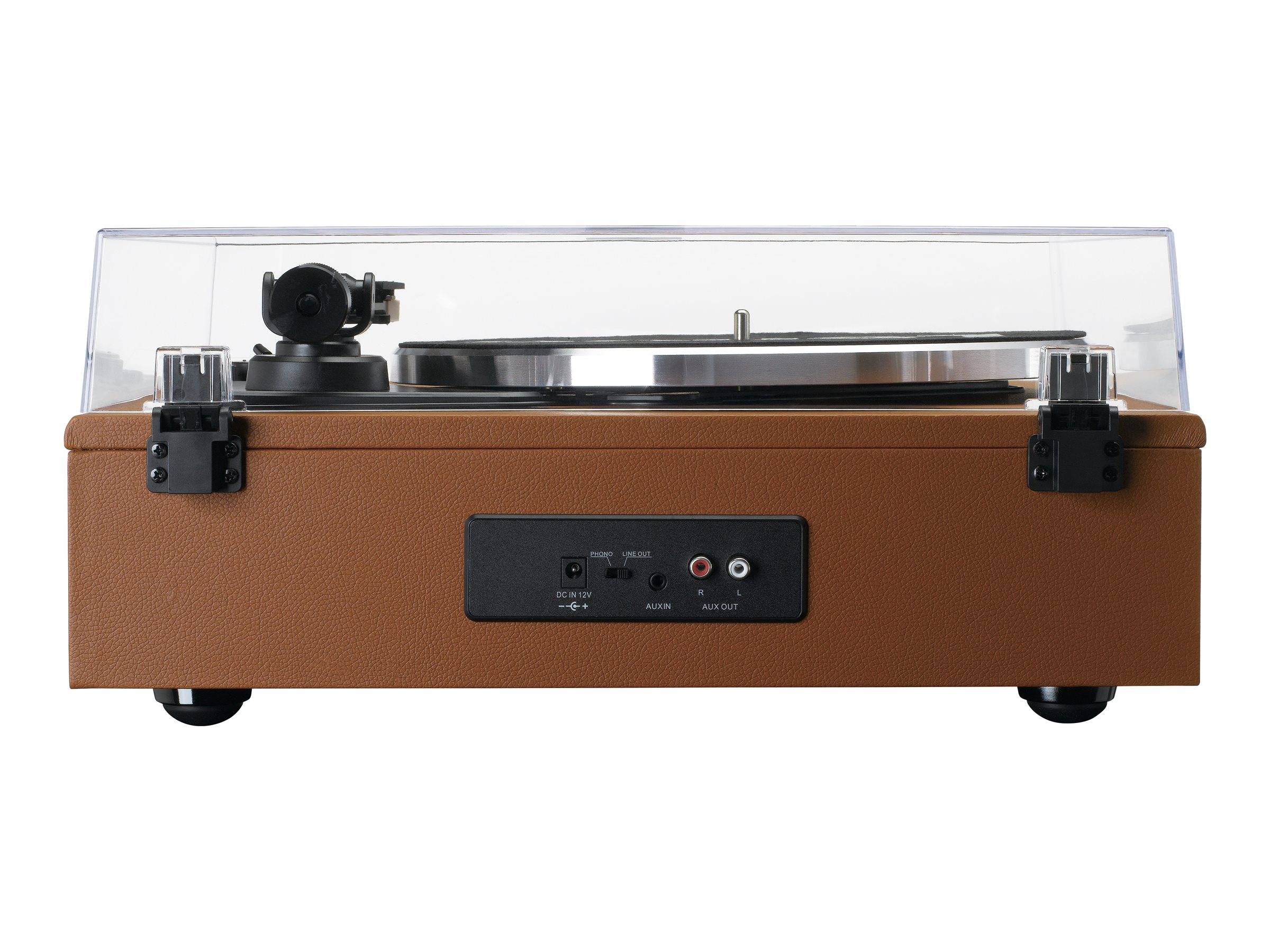 Brauner Koffer-Stil-Plattenspieler mit transparentem Deckel, Plattenteller, Tonarm und vorderer Audio-/Bedienfeld gegen weißen Hintergrund