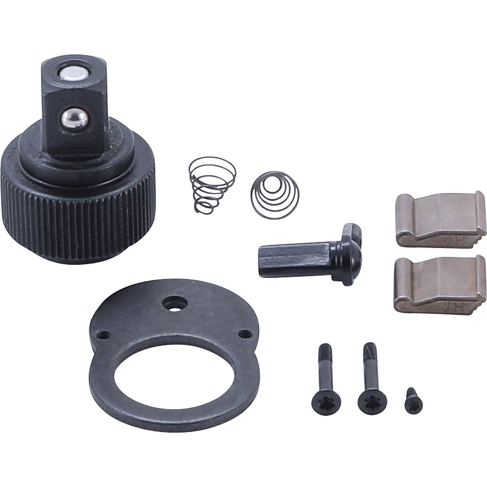 Reparaturset mit verschiedenen Metallkomponenten, einschließlich Schrauben, Unterlegscheiben und Federn, auf einem weißen Hintergrund angeordnet.