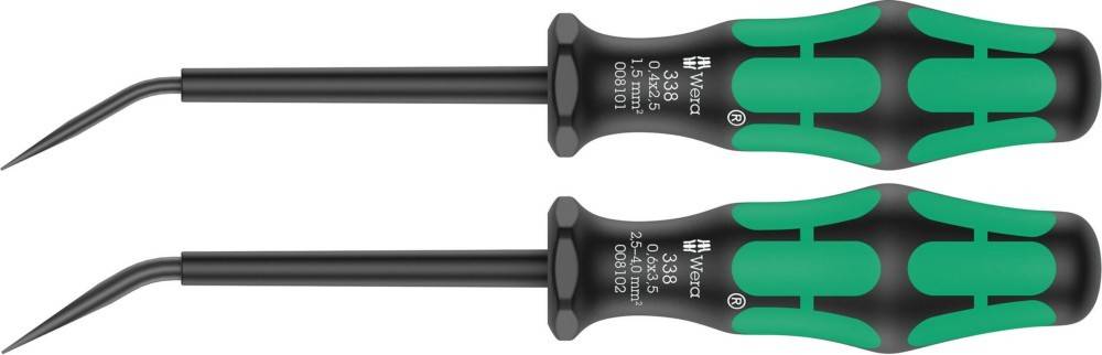 Zwei schwarzgriffige Schraubendreher mit Spezifikationen; einer misst '0,4x2,5' und der andere '0,5x3,5'. Beide sind mit der Marke 'Wera' gekennzeichnet.