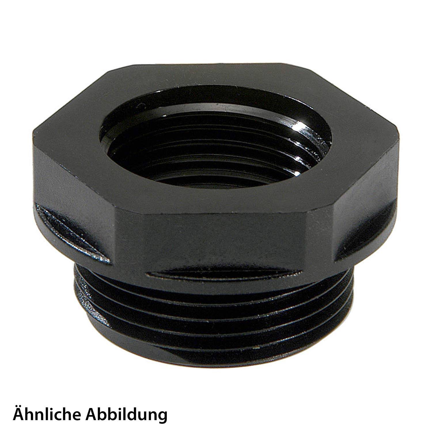 Eine schwarze Kunststoff-Sechseckkappe mit Innengewinde, die typischerweise als Kabelverschraubung oder Verbinder in verschiedenen technischen Anwendungen verwendet wird.