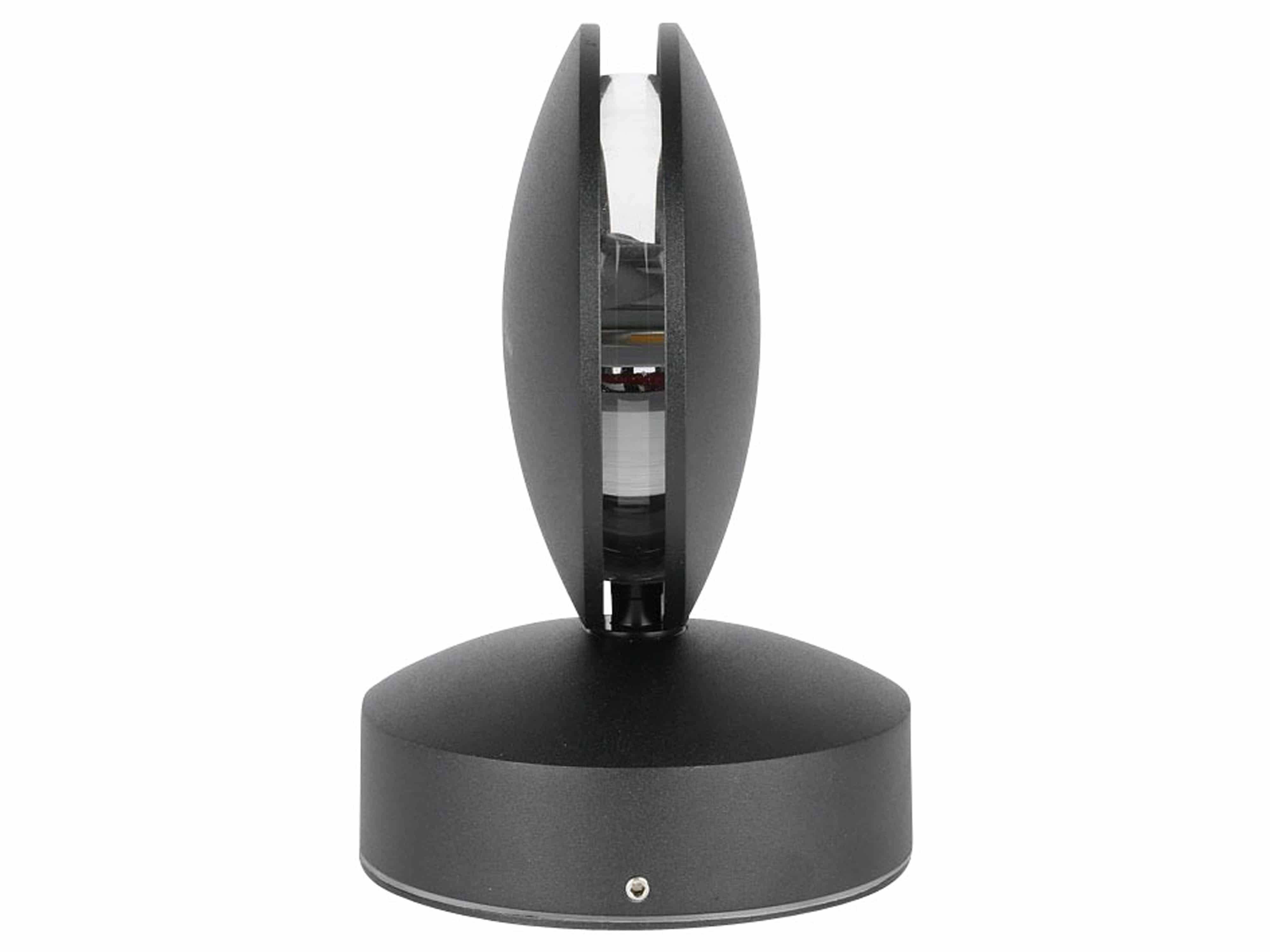 Ein schwarzes, kugelförmiges elektronisches Gerät mit einem vertikalen Schlitz, möglicherweise ein Mediaplayer oder Lautsprecher, das auf einer runden Basis ruht.