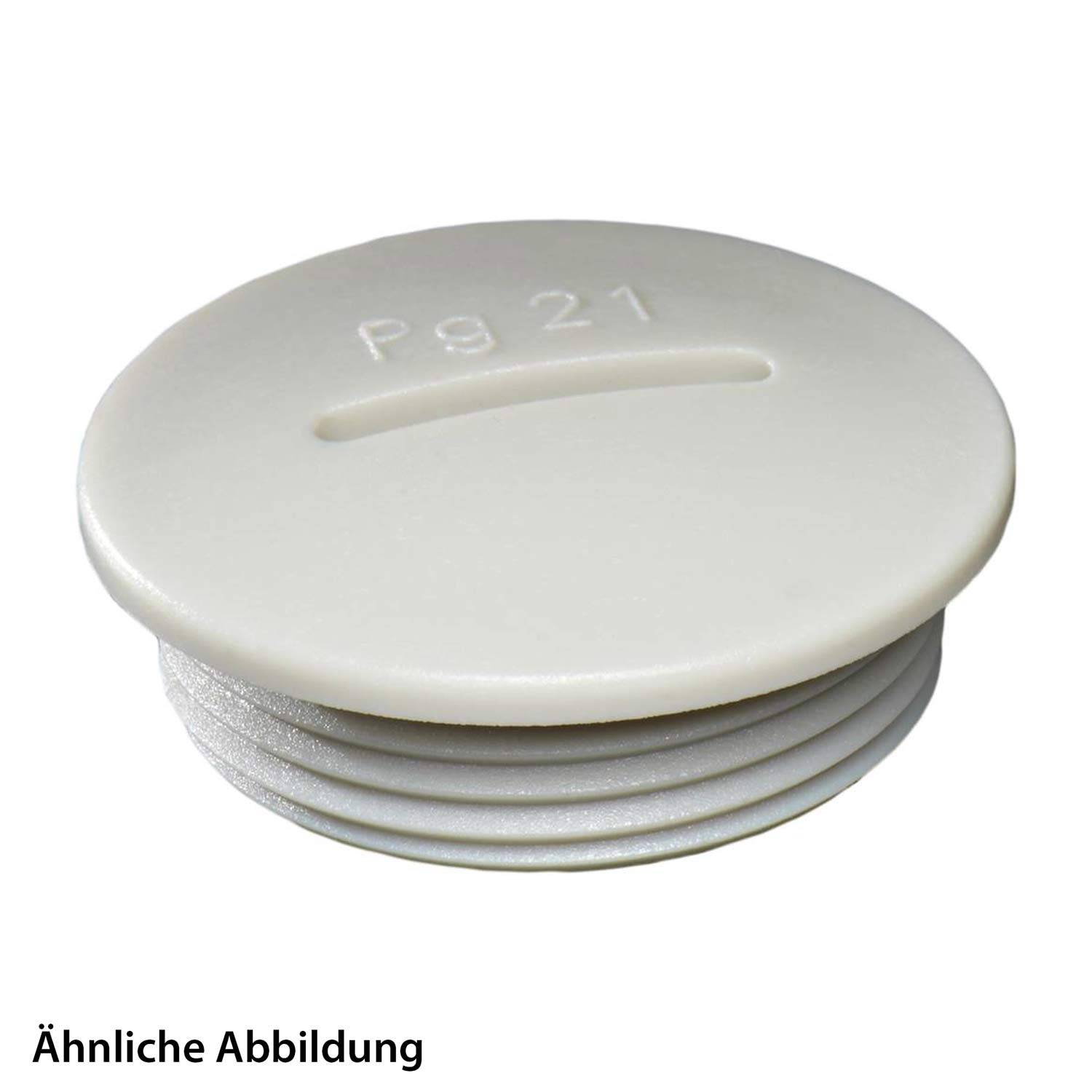 Ein runder, weißer Kunststoffstopfen mit eingraviertem Text 'Pg 21' auf seiner Oberfläche. Der Stecker hat eine geriffelte Kante zum Greifen. Text lautet: 'Ähnliche Abbildung'.