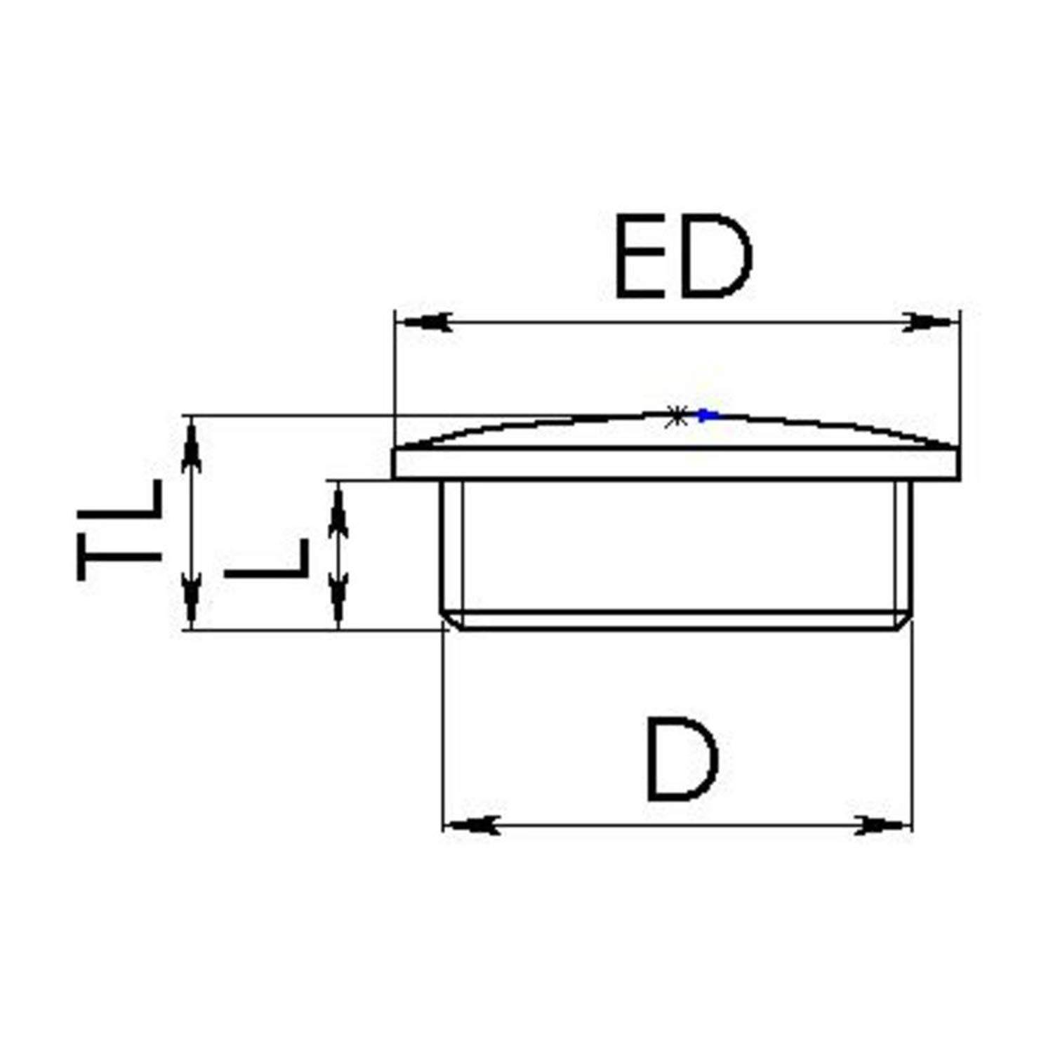 Technische Zeichnung eines zylindrischen Deckels. Abmessungen gekennzeichnet als ED, D und TL. Ansichten von oben und von der Seite mit Maßpfeilen dargestellt.