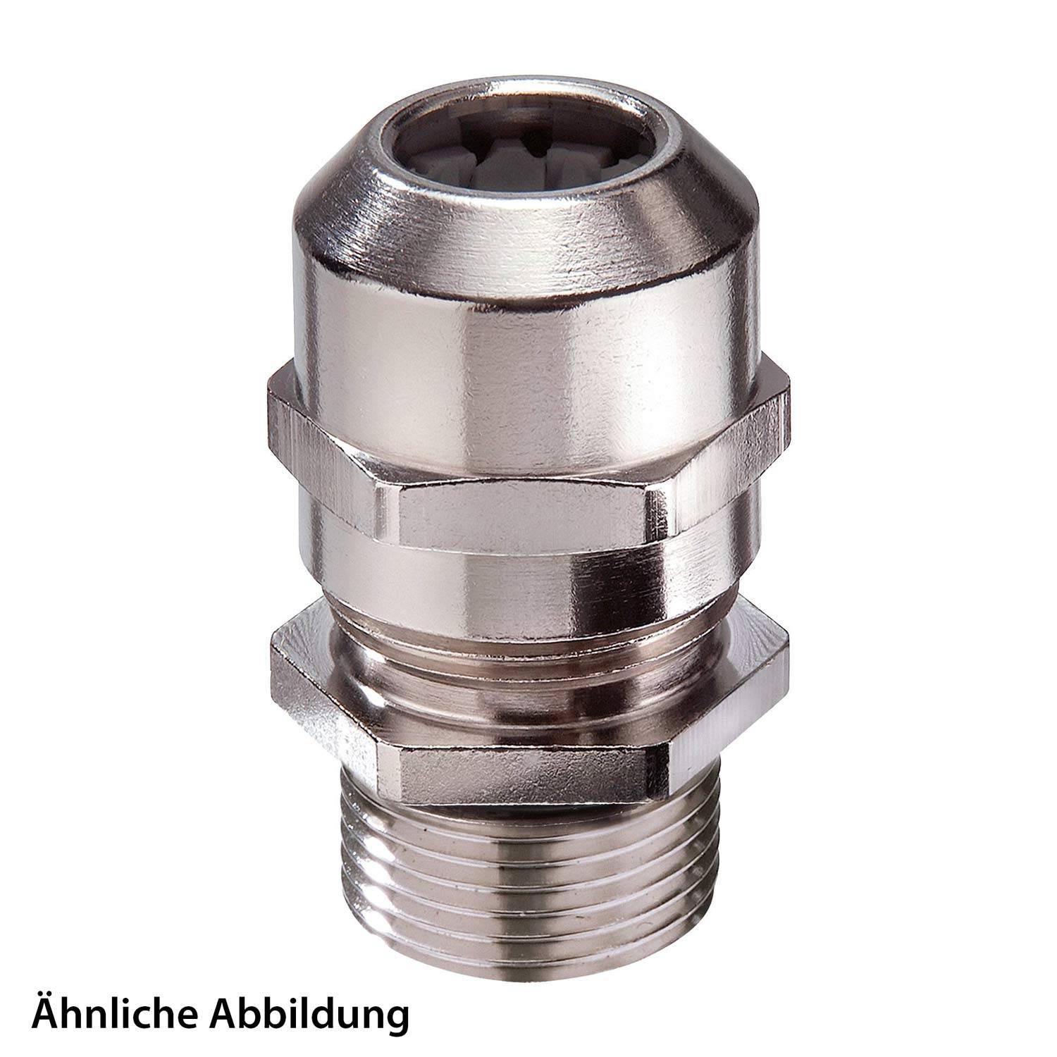 Eine Metallkabeleinführung mit Gewindesockel und sechseckiger Mutter, entwickelt zur Befestigung von Kabeln in Geräten.