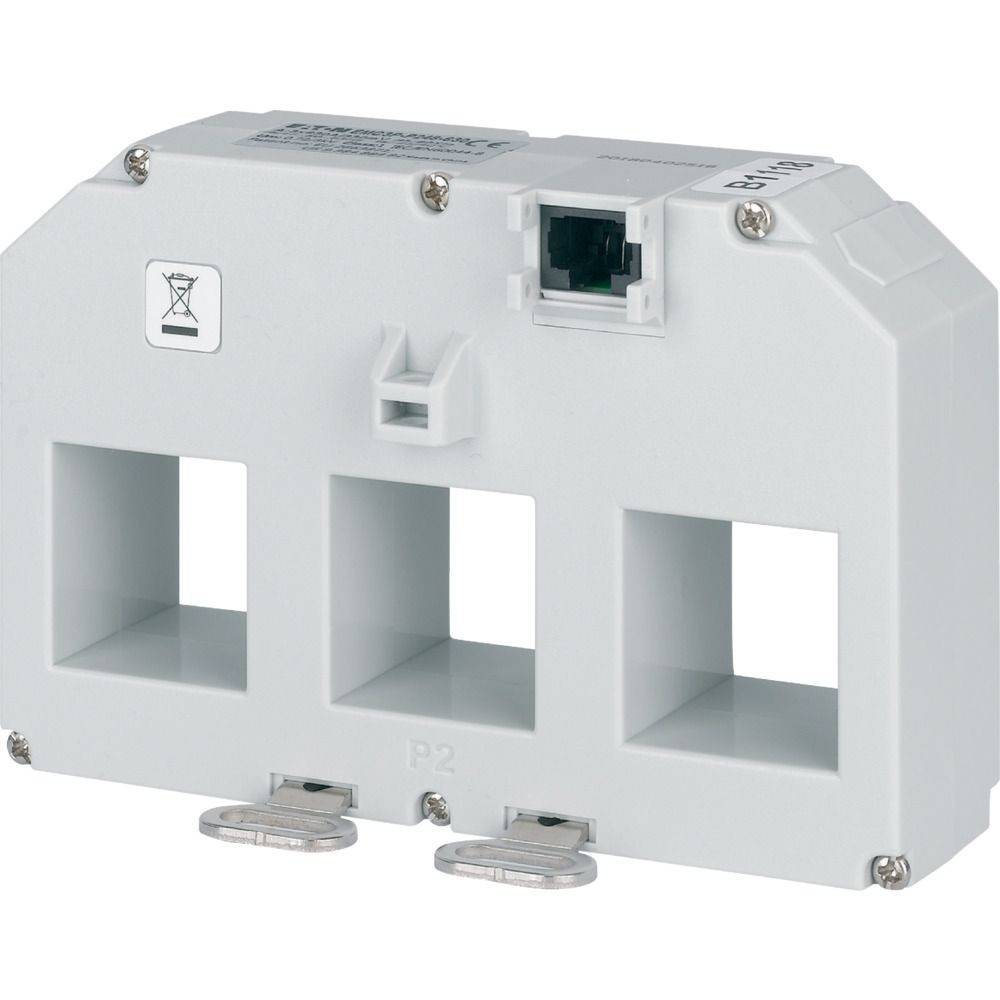 Eine graue elektrische Komponente mit Schlitzen für Anschlüsse und einem Netzwerkanschluss, versehen mit einem Warnungssymbol.