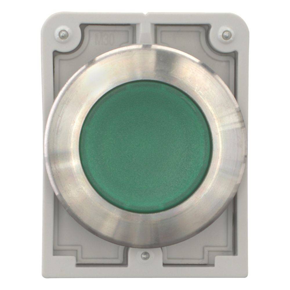 Ein grüner Druckknopf in einem Metallrahmen auf einer grauen rechteckigen Basis, der zur Aktivierung oder Steuerung von Geräten oder Maschinen verwendet wird.