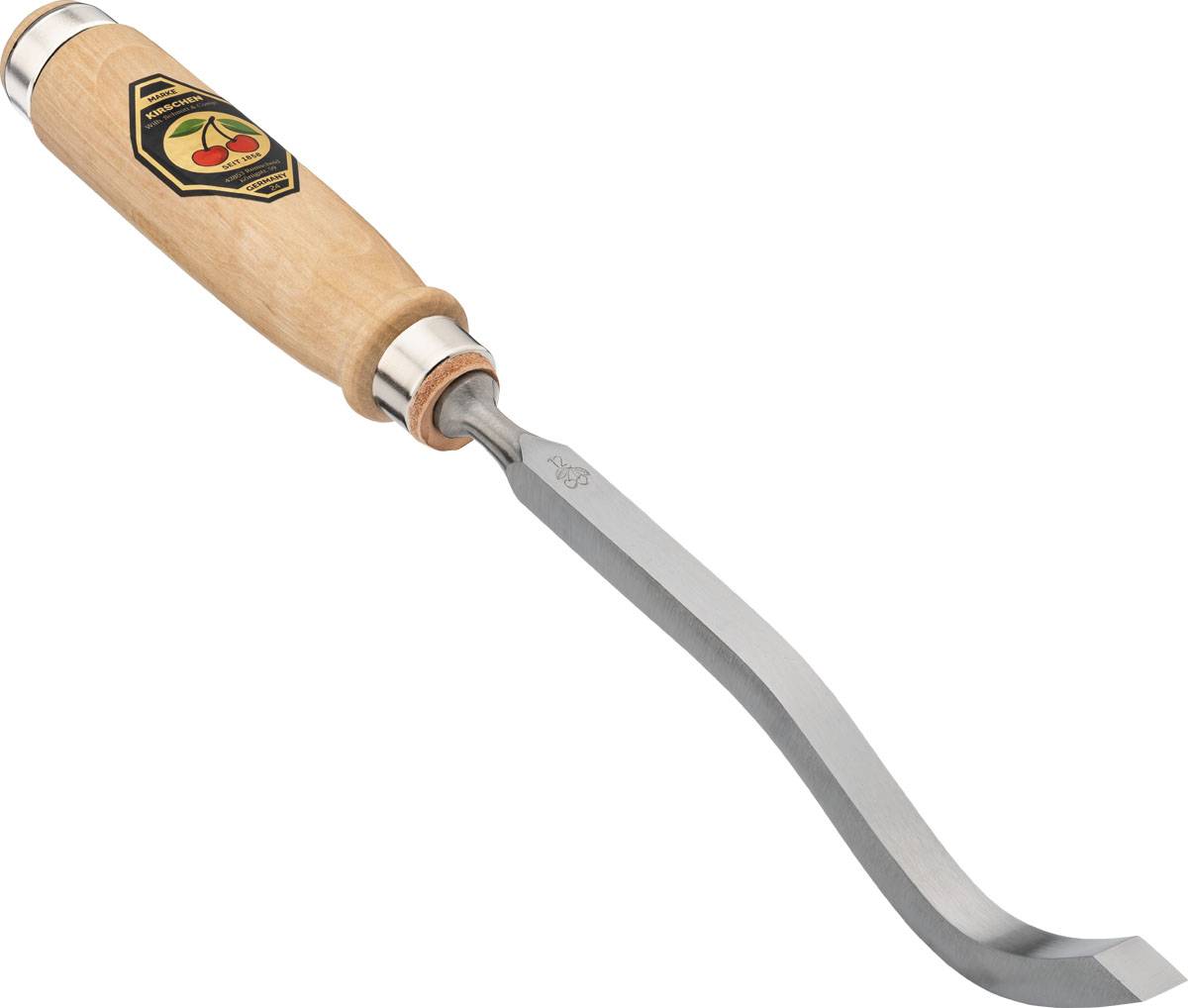 Ein Holzbearbeitungswerkzeug mit hölzernem Griff und gekrümmter Metallklinge, das zum Schnitzen oder Meißeln verwendet wird.