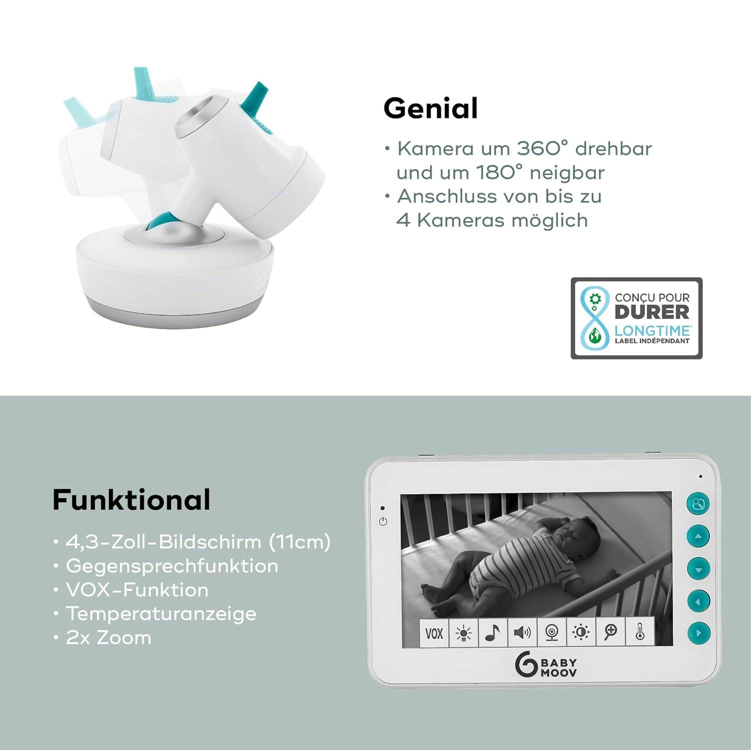 Babymoov Babyphone YOO-Moov 360° Kamera Fernsteuerung 4,3" Bildschirm