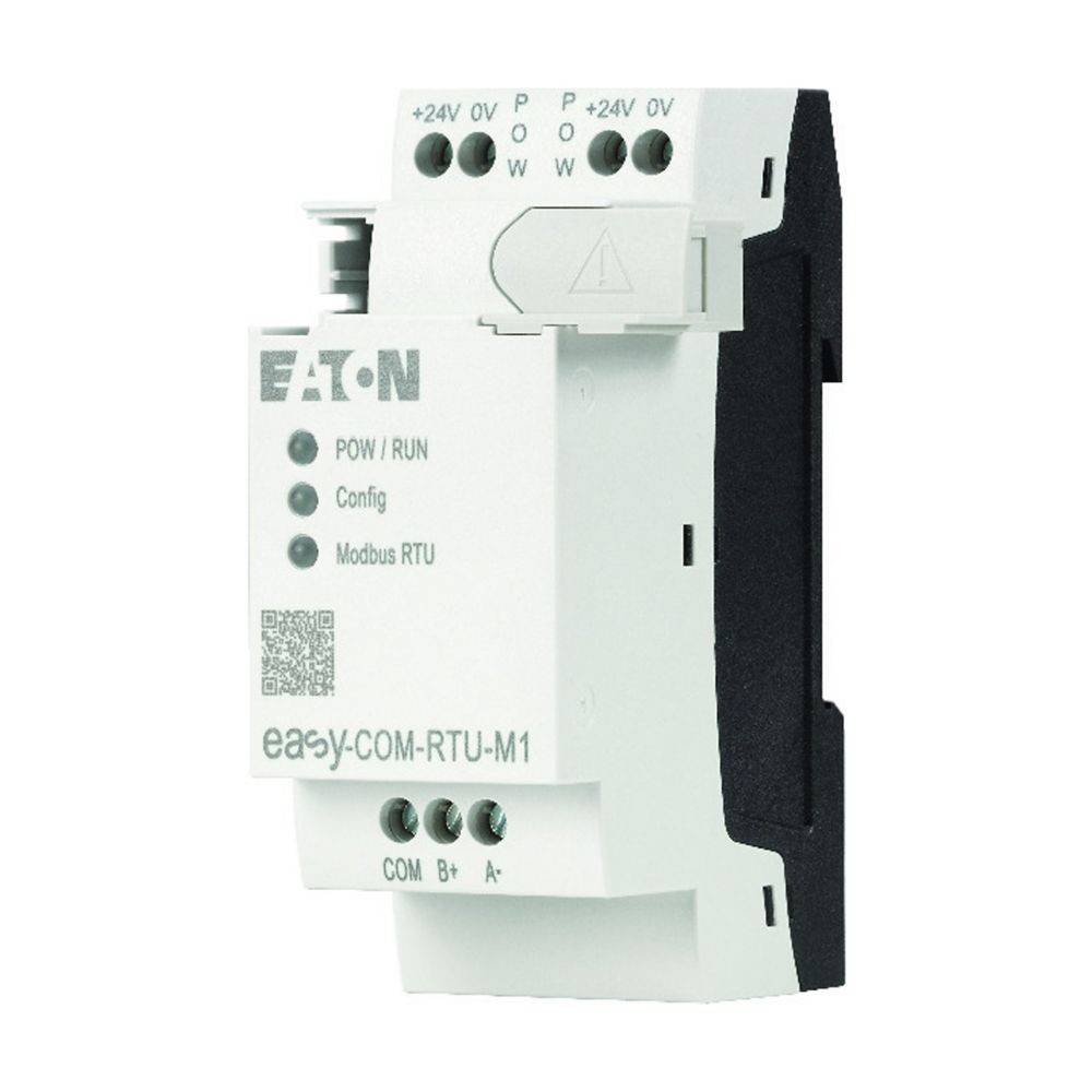 Eaton Easy-COM-RTU-M1' Modul mit Status-LEDs für Stromversorgung, Konfiguration und Modbus RTU. Anschlüsse für +24V, 0V und Kommunikationsports.