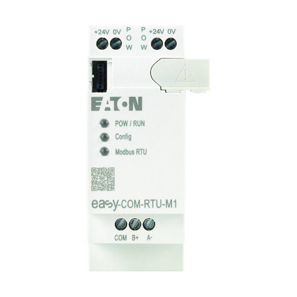 Eaton easy COM-RTU-M1-Modul mit LEDs für ‚POW/RUN', ‚Config' und ‚Modbus RTU', versehen mit Anschlussports mit Beschriftung.