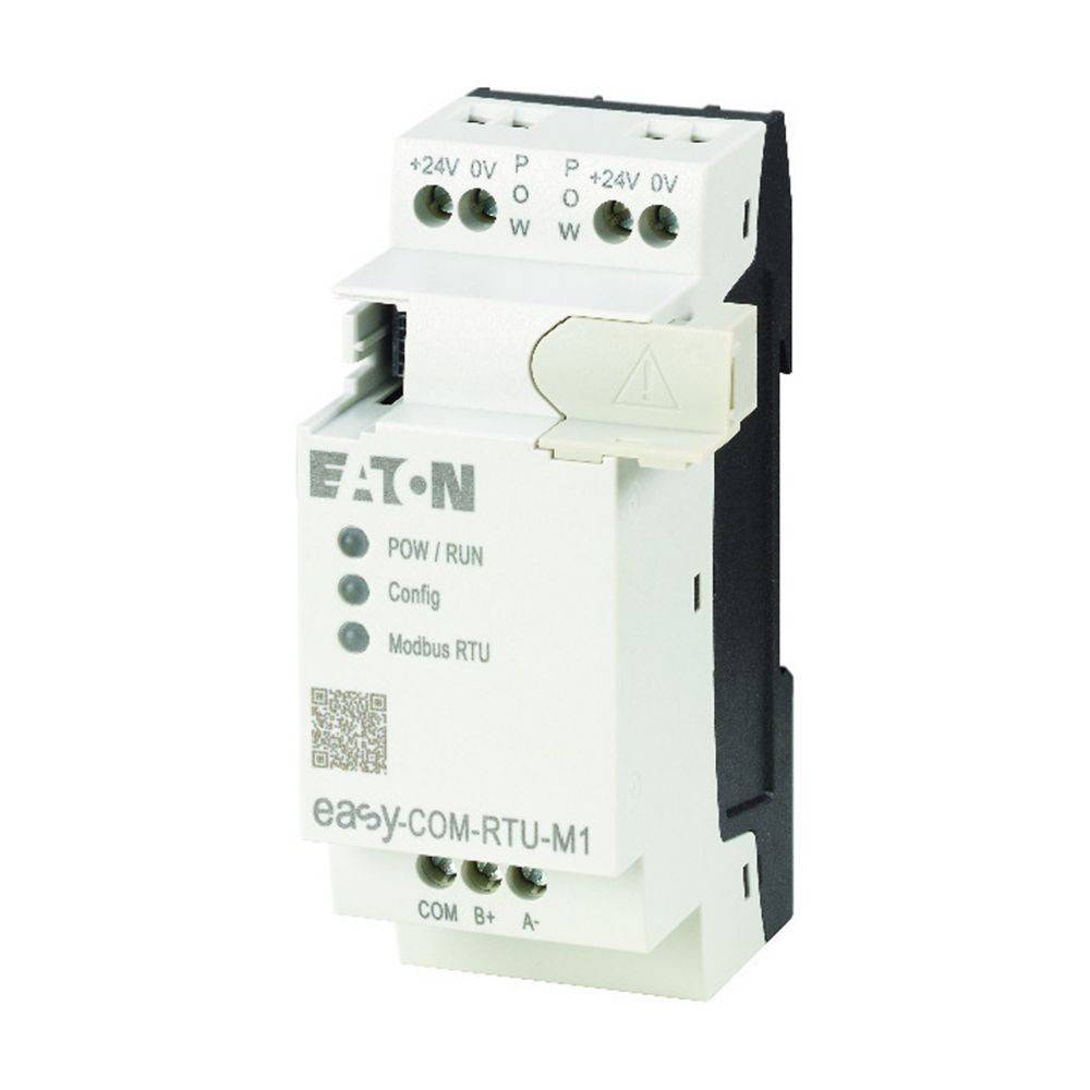 Elektrisches Kommunikationsmodul mit der Bezeichnung 'EATON easy-COM-RTU-M1' mit Statusindikatoren für Stromversorgung, Konfiguration und Modbus RTU.
