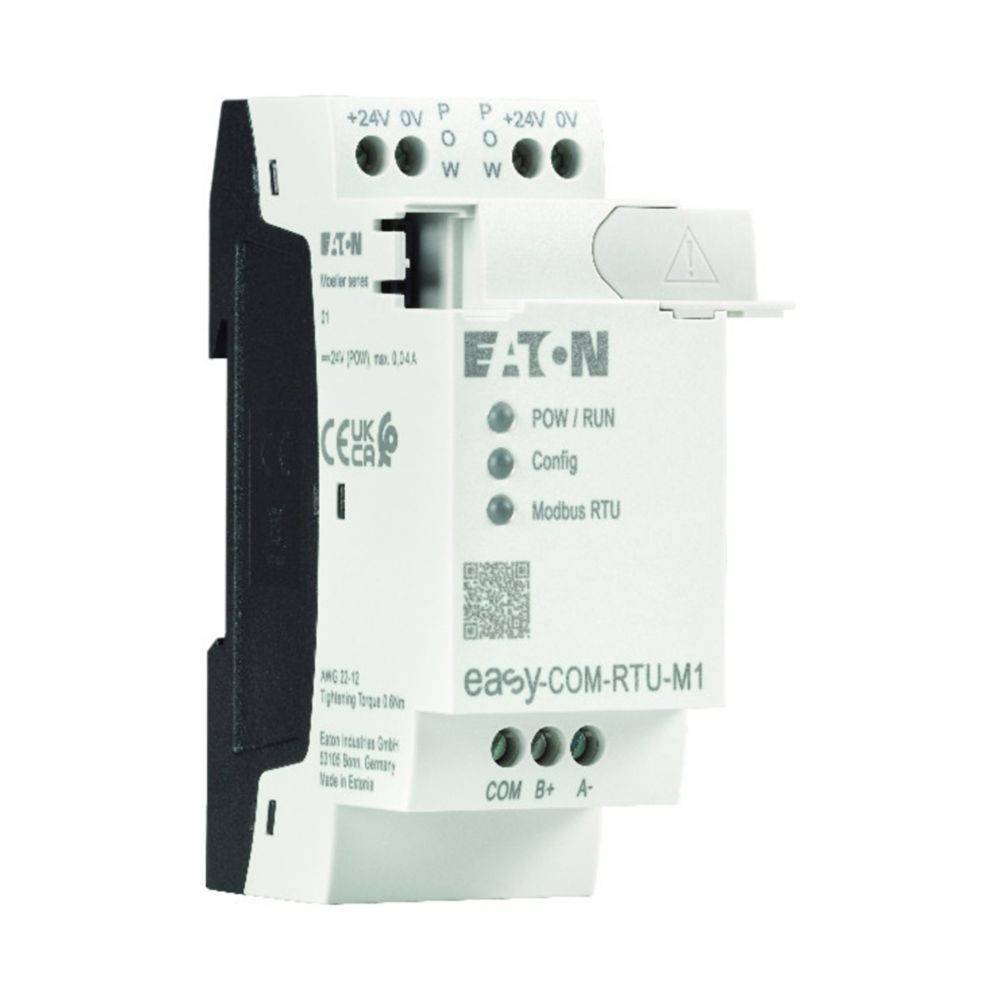 Eaton easy-COM-RTU-M1' Geräte-Modul mit Anschlusspunkten beschriftet als '+24V', '0V'. Verwendet für die Kommunikation mit Unterstützung von 'Modbus RTU'.