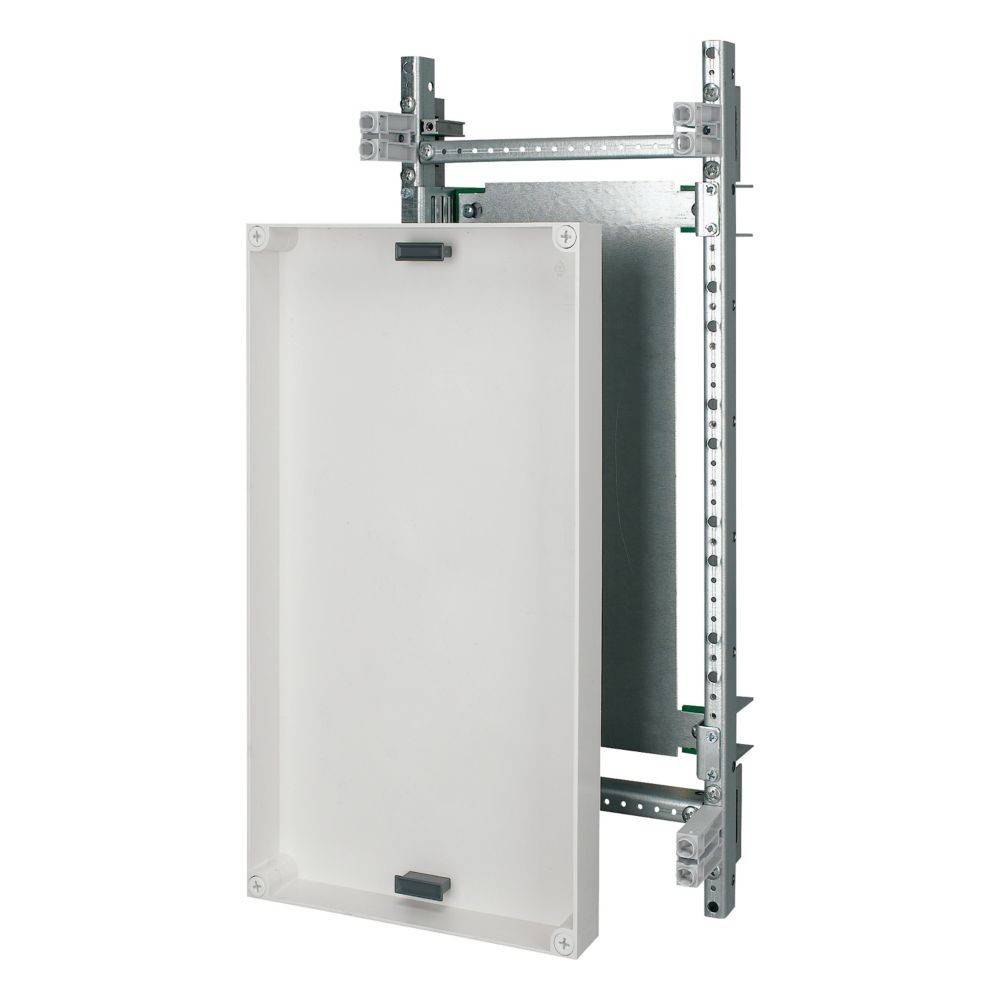 Ein minimalistisches weißes Türpaneel mit einem Metallrahmen, leicht geöffnet, wobei Konstruktionsdetails und Scharnierungsmechanismen am Zargenrahmen sichtbar sind.