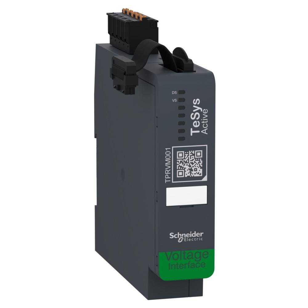 Ein schwarzes Schneider Electric TeSys Active Spannungsschnittstellenmodul mit Statusanzeigen, QR-Code und Anschlussports auf der Oberseite.