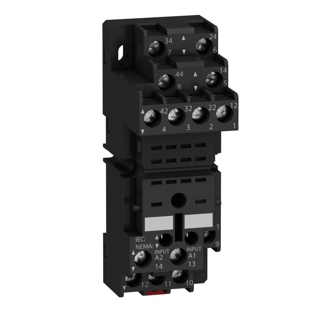 Ein schwarzer elektrischer Relais mit mehreren Schraubklemmen, die mit Zahlen und IEC/NEMA-Standards beschriftet sind, wird zur Steuerung von Stromkreisen verwendet.