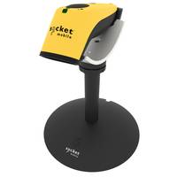 Gelb-schwarzes Tischgerät auf einem Ständer mit runder Basis, wahrscheinlich ein Scanner oder Zahlungsterminal.