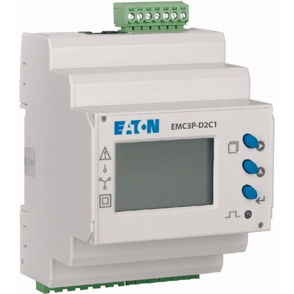 Ein digitaler Stromzähler mit LCD-Display und Bedienknöpfen, beschriftet mit 'EATON EMC3P-D2C1'.