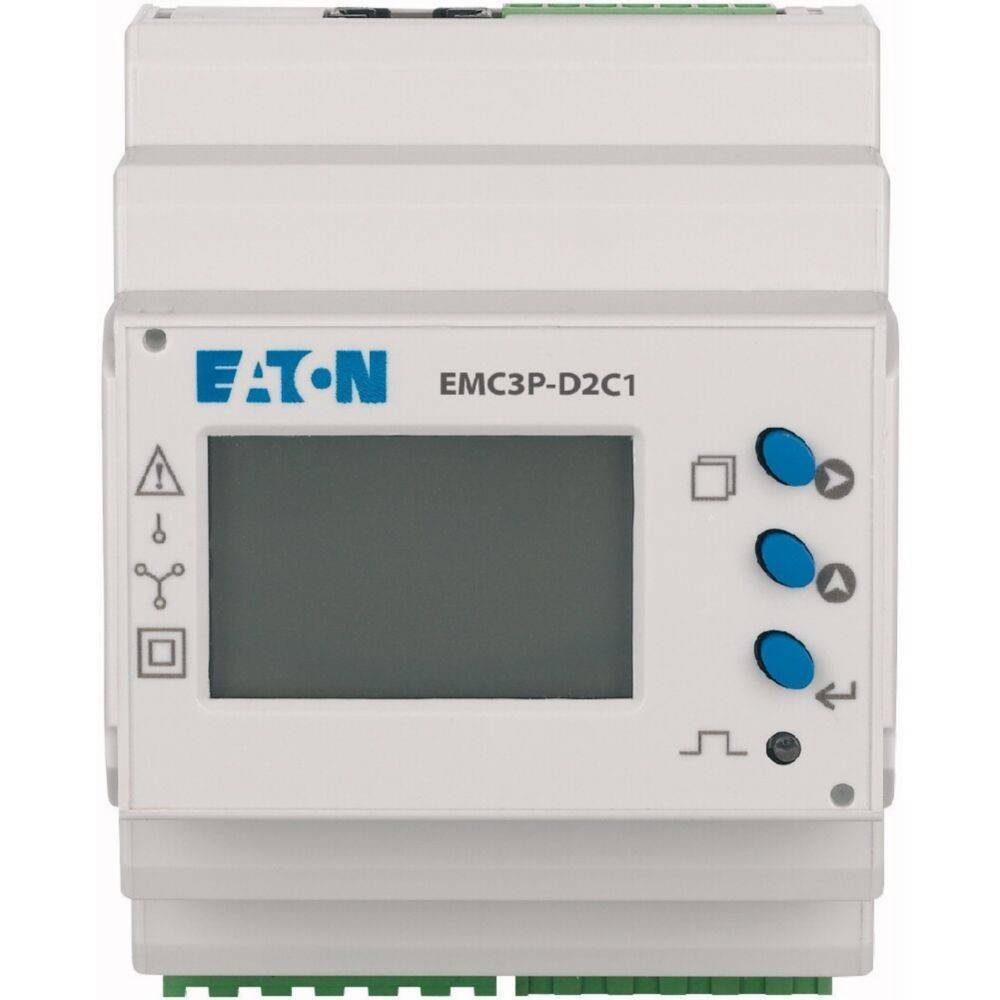 Eaton EMC3P-D2C1 Energiezähler mit Anzeigebildschirm und Steuerungstasten auf einem weißen Gehäuse.