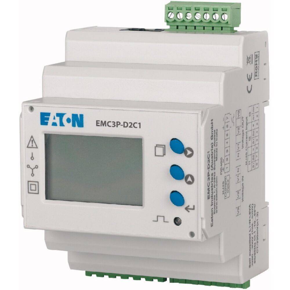 Eaton EMC3P-D2C1 Energiezähler mit Display, Tasten und Anschlussklemmen zur Überwachung des Stromverbrauchs.